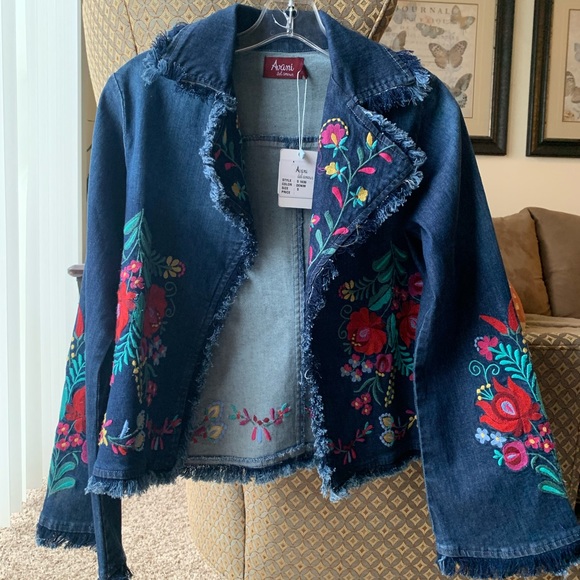 AVANI DEL AMOUR EMBROIDERED JEAN JACKET NWT Flowers Fringed Flared Sleeves SZ S - Picture 6 of 12